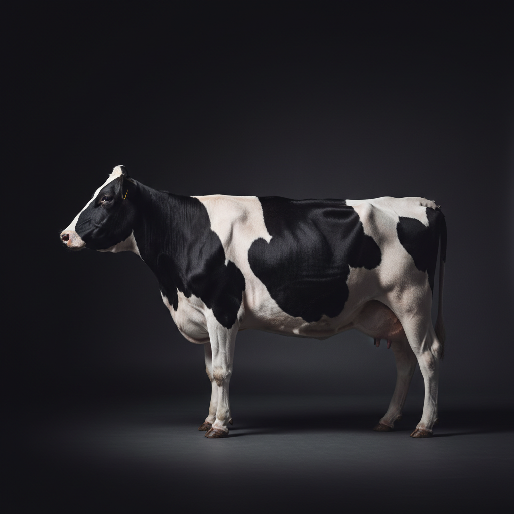 Studio product photograph of a classic full-size black-and-white Holstein dairy cow on a dark background