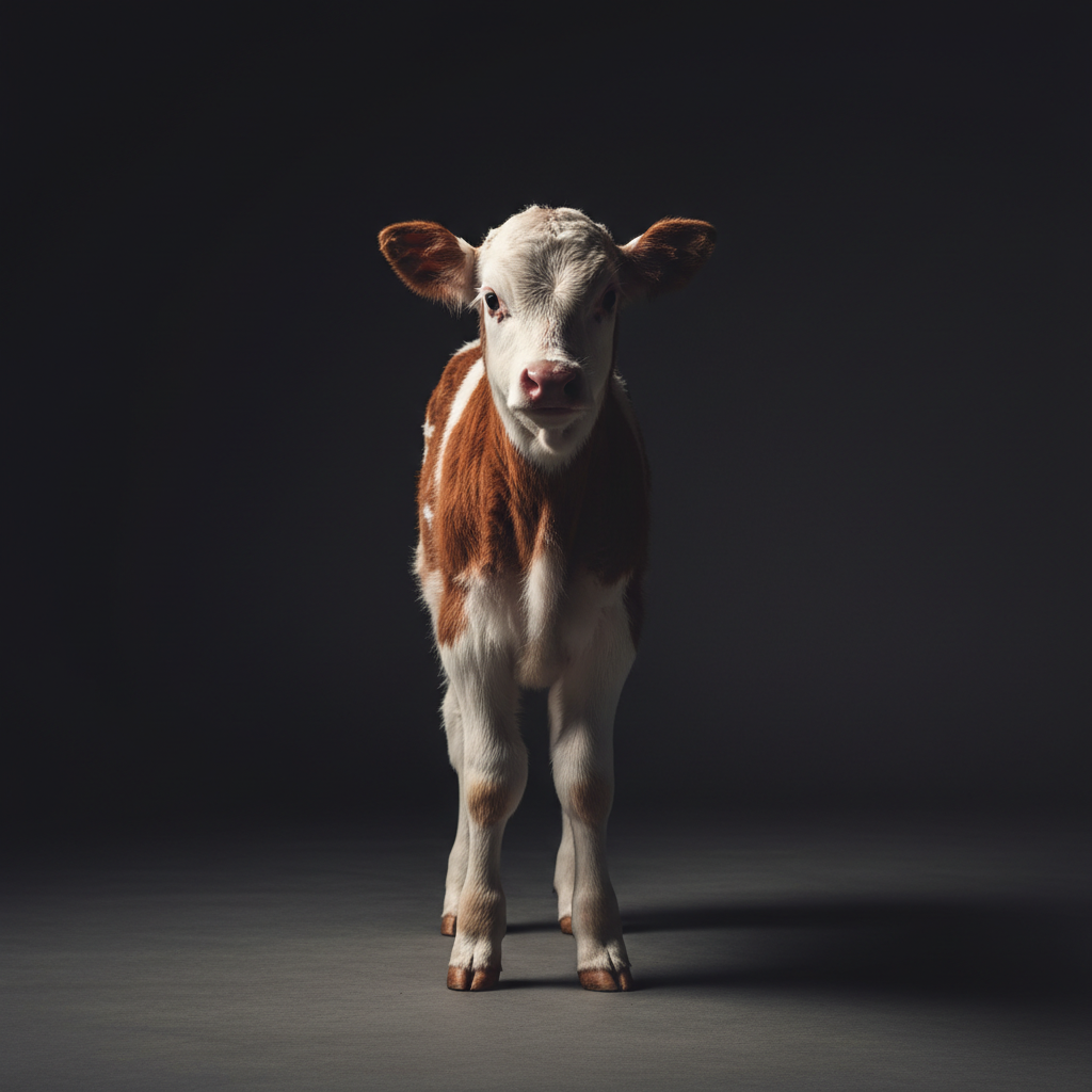 Studio product photograph of a small young brown-and-white calf on a dark background