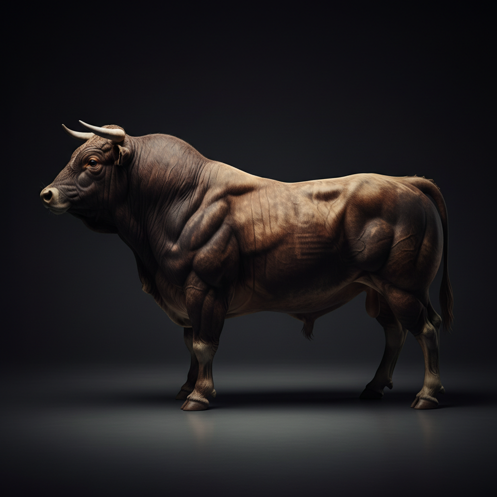 Studio product photograph of a large powerful muscular bull on a dark background